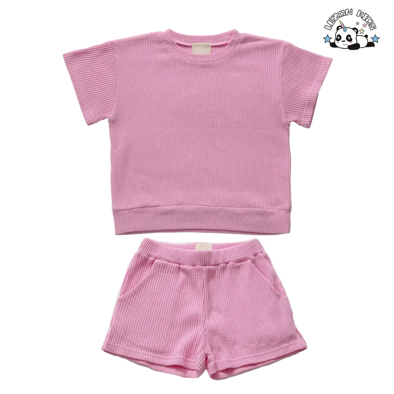 LEZONKIDS - Customizable High Quality  Waffle Cotton T Shirt Summer Shorts Girls Summer Clothing Set